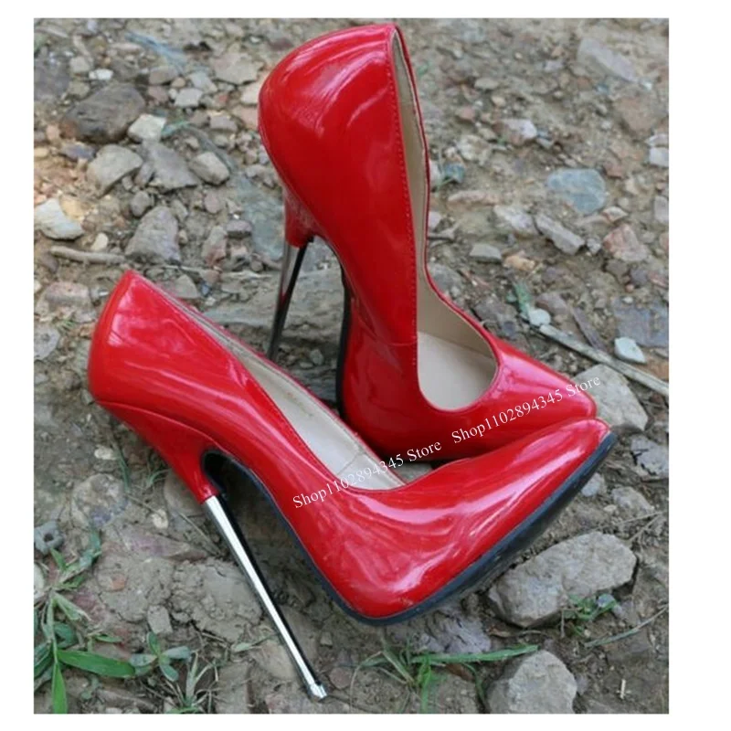 

Red Patent Leather Slip On Pumps Thin High Heel Shallow Fashionable Sexy Cool Summer Big Size Woman Shoes Zapatillas Mujer