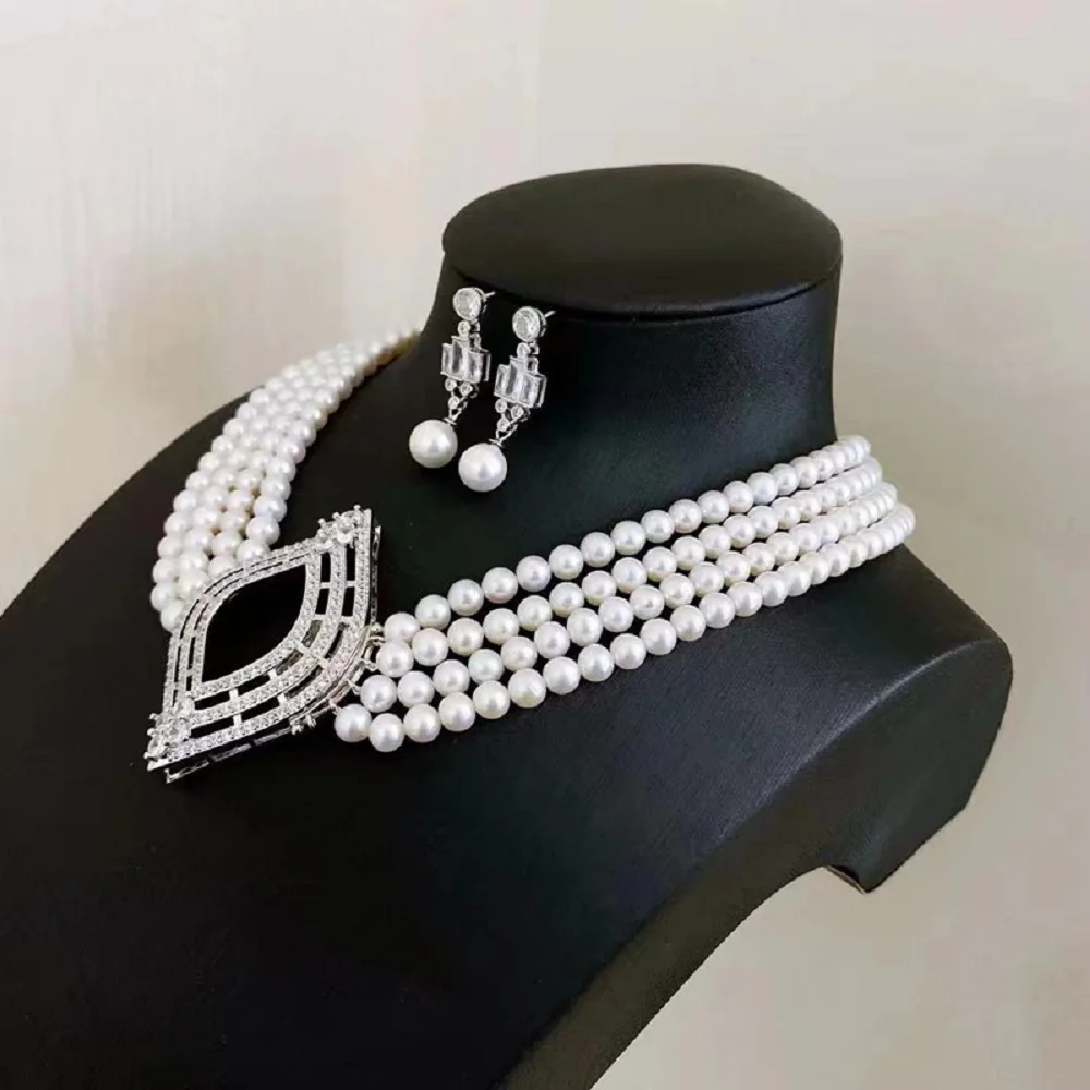 

4-Row * New Necklace AAAA 6-7mm Natural Round Japanese Pearl Necklace * 16-17-18-19 inch+Earrings 10-11mm 925s Set