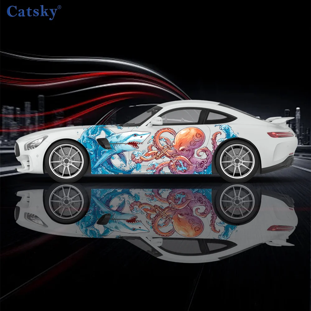 

Sea Shark Vs Octopus Pattern Car Vinyl Wraps Decal Self-adhesive PVC Sticker Suitable for Trucks SUV Decoration Auto Accessories
