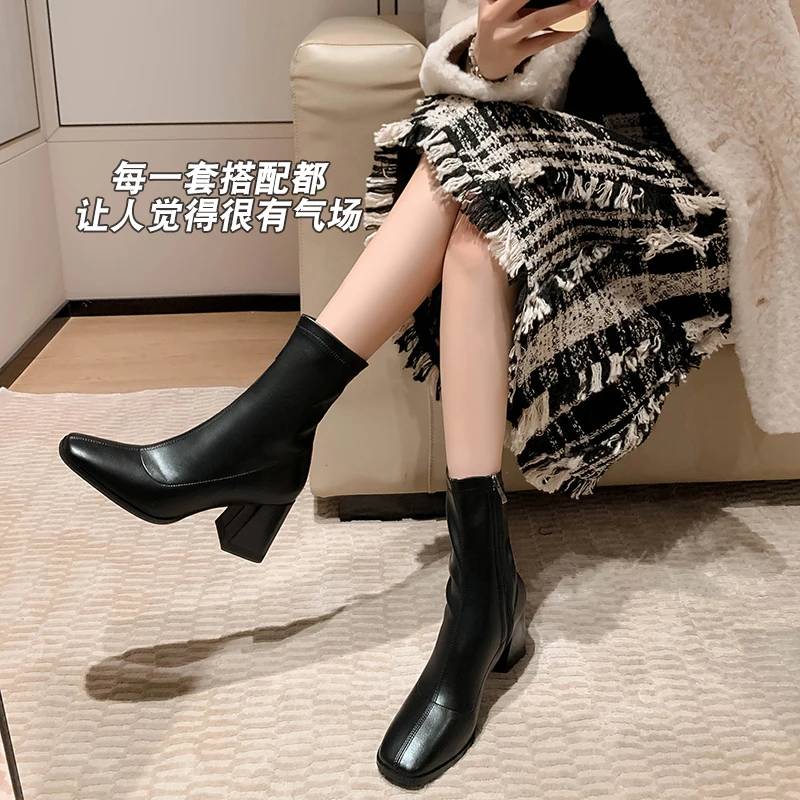 

2026 новые осенне-зимние женские ботильоны 22-24,5 см, современные ботинки из эластичной микрофибры с квадратным носком, короткие ботинки на высоком каблуке с боковой молнией