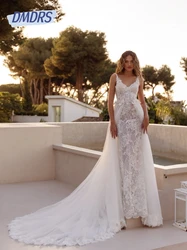 Graceful V-neck Wedding Dresses With Detachable Tail Backless Bride Robe Romantic Appliques Bridal Gown Vestidos De Novia