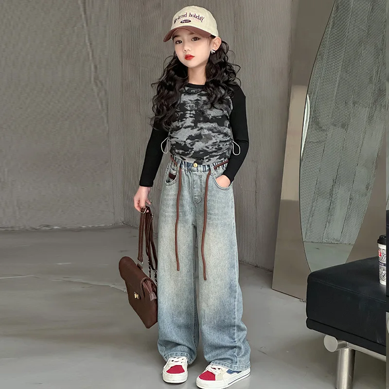 "Girls' Embroidered Letter Palazzo Jeans - Spring/Autumn Season, Loose and Casual Long Pants for Kids"