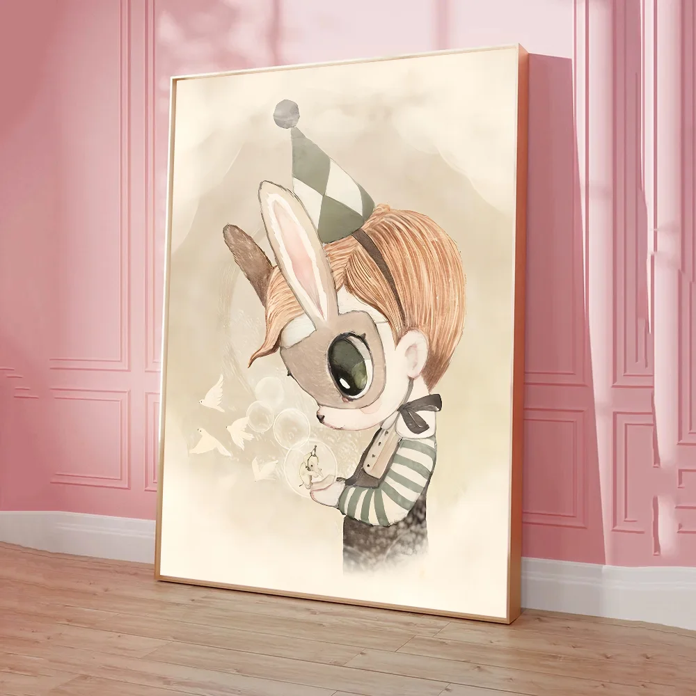 Cute Beige Rabbit Girl Poster Sticky Posters Retro Kraft Paper Sticker DIY Room Bar Cafe Aesthetic Art Wall Painting