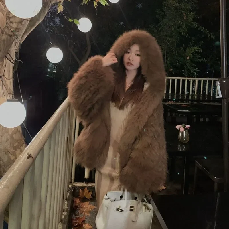 2024 Autumn Winter Women Fur Coat Hooded New Fur Plush Jacket