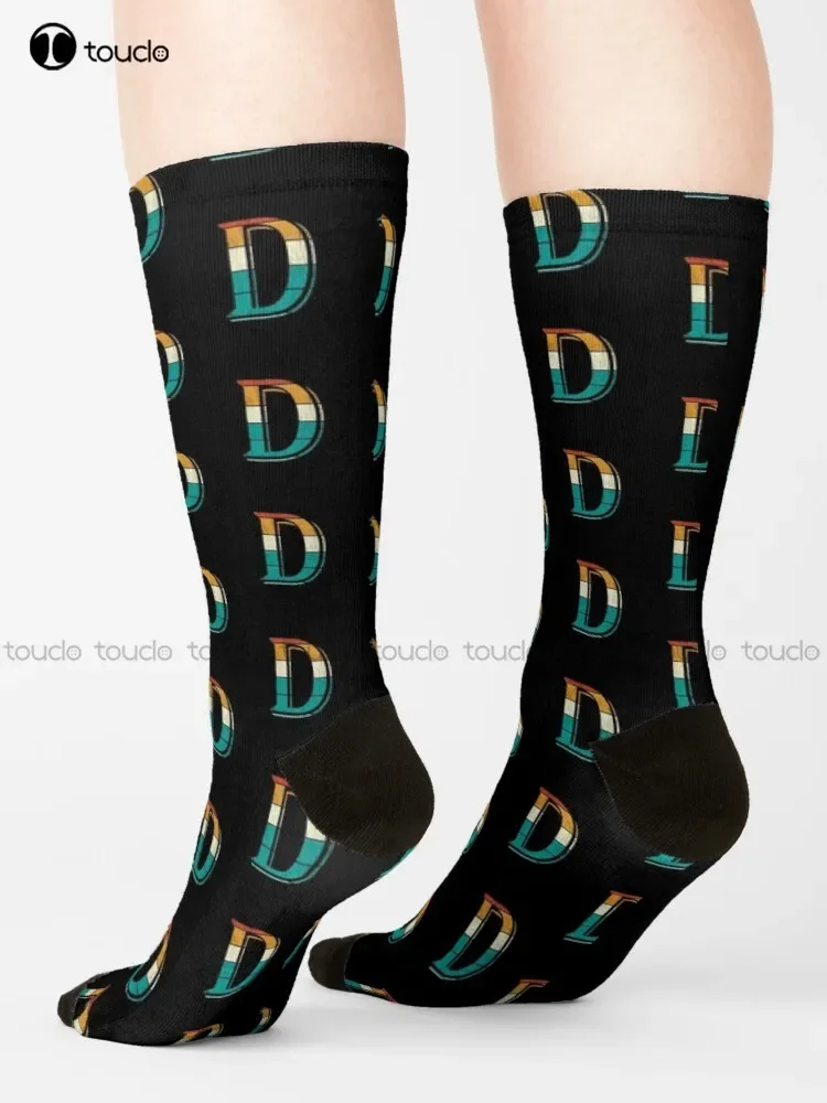 Letter D Old School Letter Retro Sunset Pattern Socks Halloween Socks Men Christmas Gift Unisex Adult Teen Youth Socks Custom