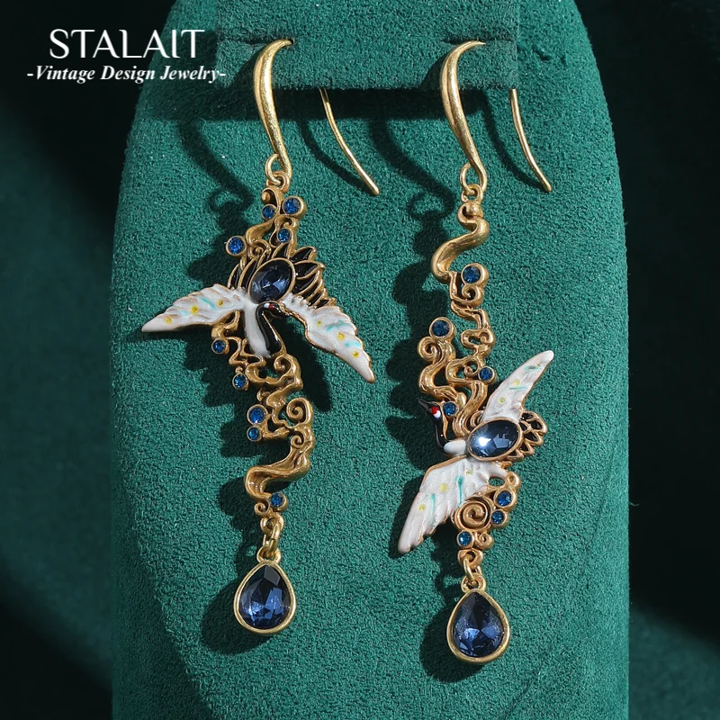 

Vintage Jewelry Long Crane Statement Earrings Crystal Blue Drop Big Charm Gold Color Woman Accessories Antique Style 2025 New