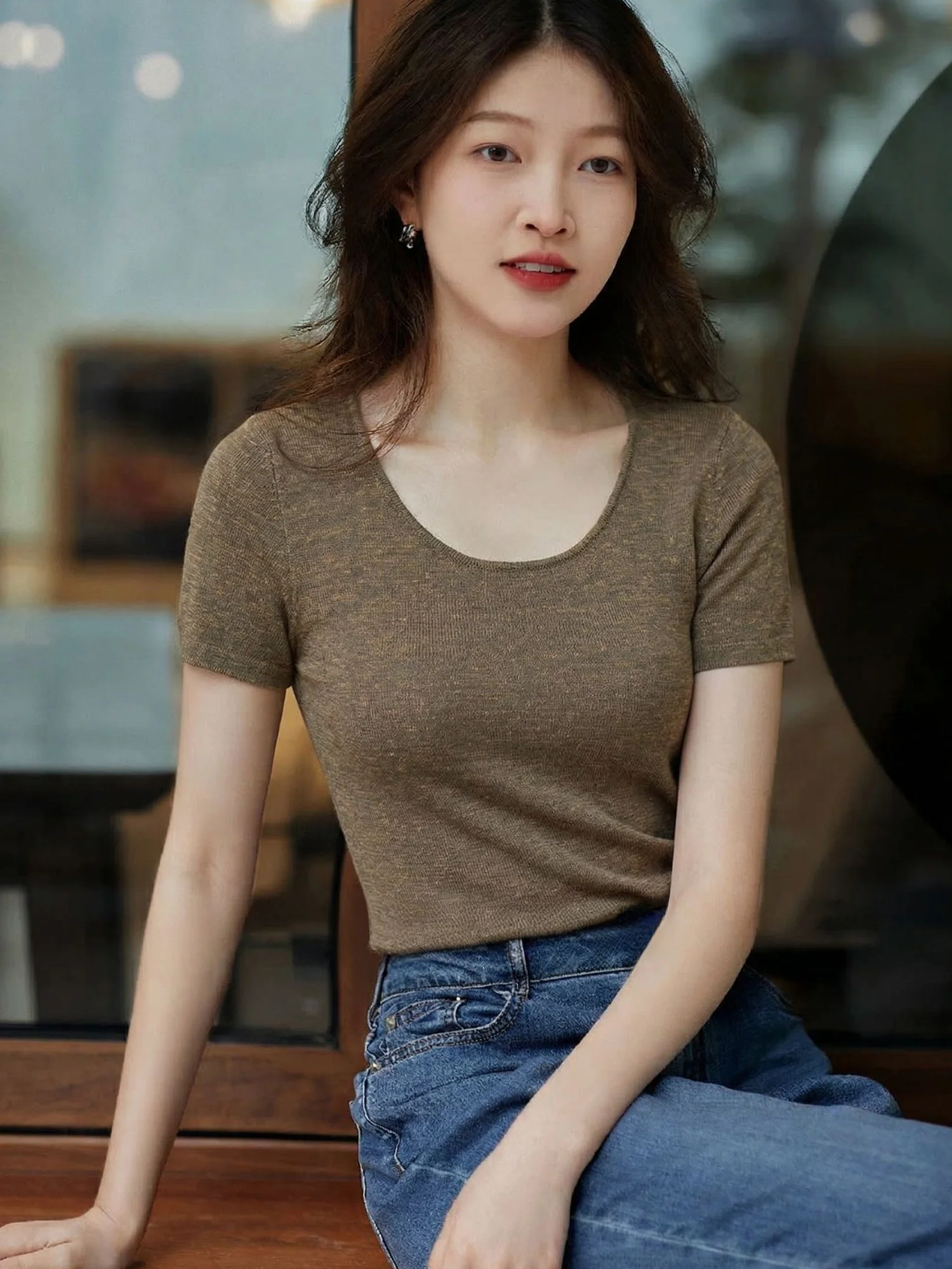 

Chivirin Minimalist Style round Neck Short Sleeve Knitted T-Shirt Women's Slim Fit Fashionable Summer Top Age Reduction