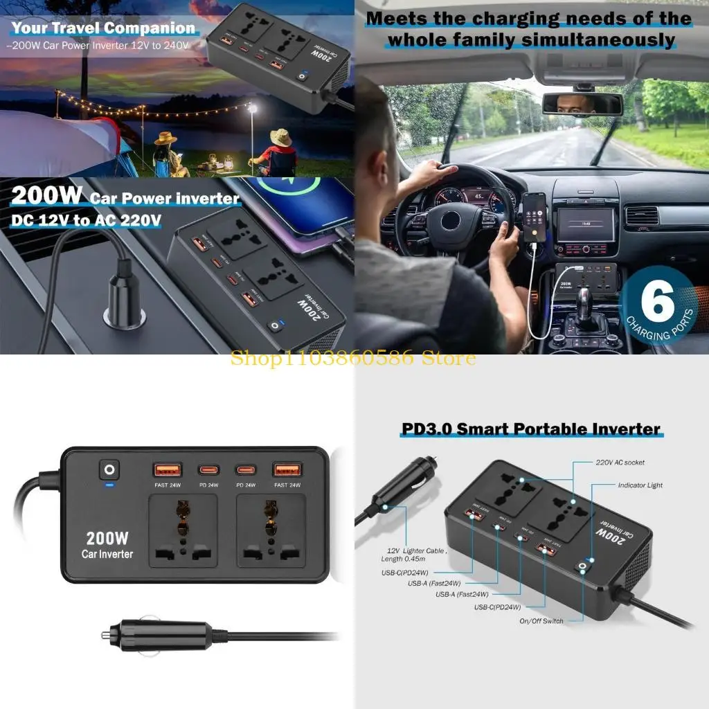 

242a Высокая эффективность автомобильного инвертора DC12V в AC220V с быстрого зарядки USB C и USB A для телефонов ноутбуков
