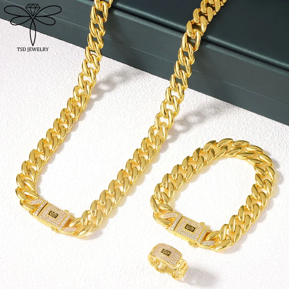 Luxuriöses Zirkonia Monaco Schmuckset 21k Vergoldet Italienischer Hip-Hop Kubanische Halskette Armband Ring Ohrringe Damen Punk Schmuck – Detail 4