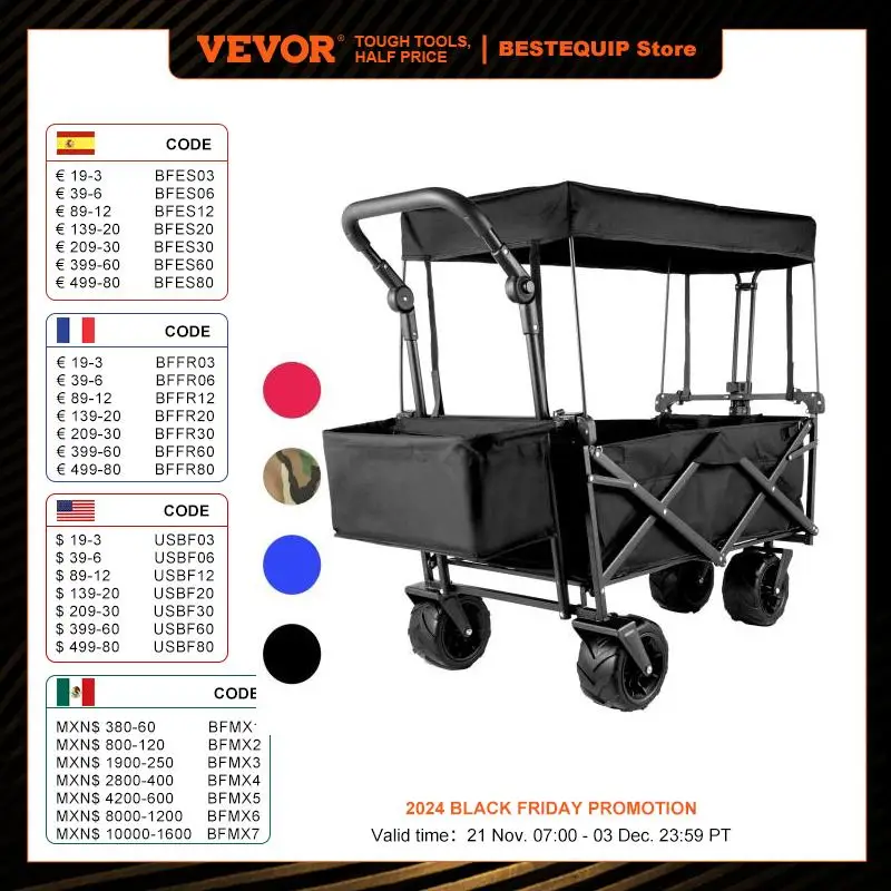 VEVOR Folding Wagon Cart W/ Adjustable Handle Bar Removable Canopy Oxford Cloth Collapsible Shopping Outdoor Camping Beach Cart