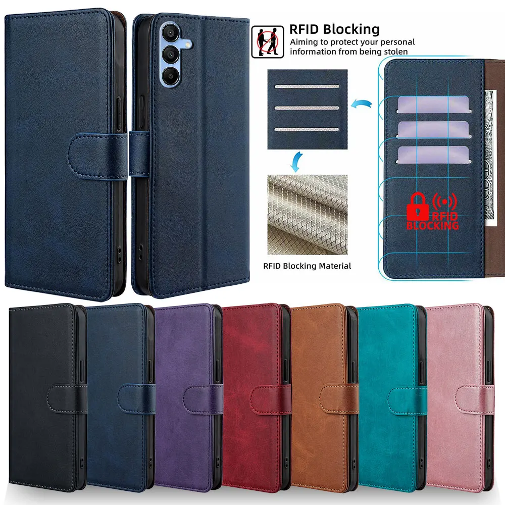 RFID Blocking Leather Flip Book Case for Samsung Galaxy A56 A36 A26 A16 A06 Multi Card Slots Protect Cover for galaxy A56 Funda