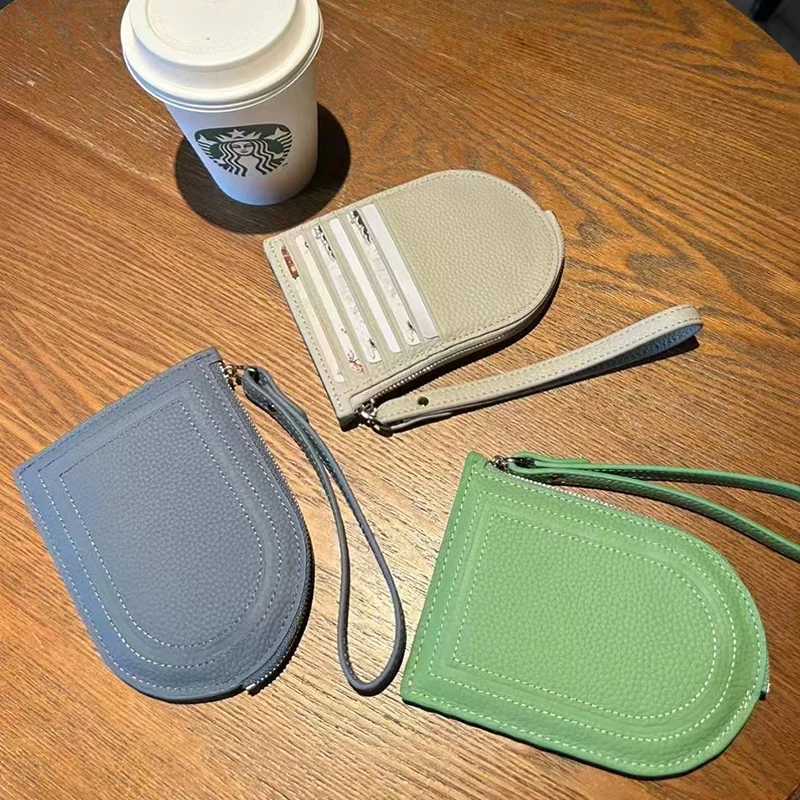 Women Genuine Leather Card Wallet High Capacity Cowhide Slim Zipper Money Bag Lady Fashion Designer Coin Purse With Wrist Strap