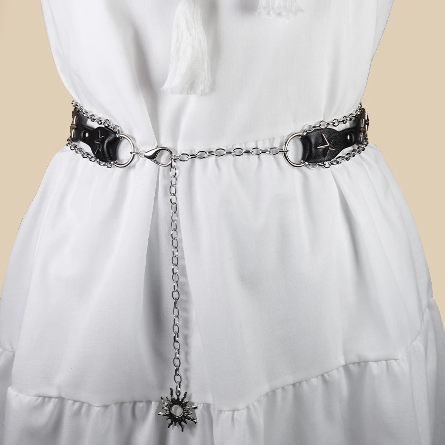 เข็มขัด Pu สไตล์ Cowgirl ตะวันตกพร้อมแหวนโลหะ - เข็มขัดโซ่หมุดย้ําย้อนยุค Y2K สําหรับเดรสและวันหยุด