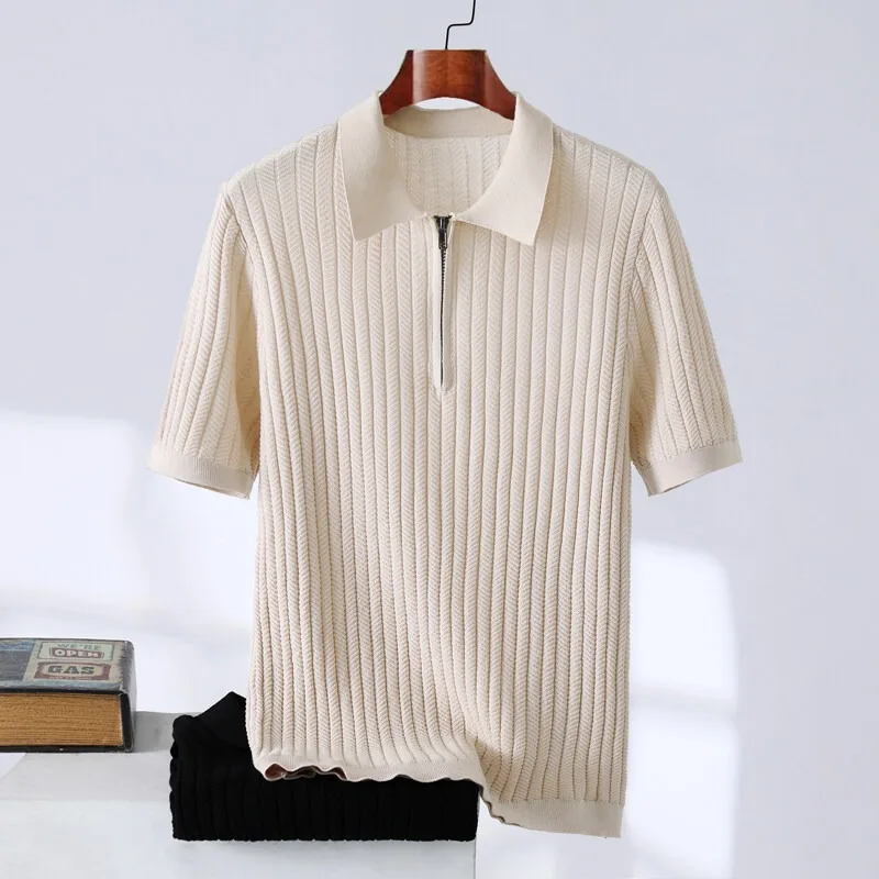 

Классические однотонные вязаные рубашки поло для мужчин, летние футболки с коротким рукавом и половиной молнии, тонкие повседневные футболки с лацканами, вязаные футболки в социальном стиле