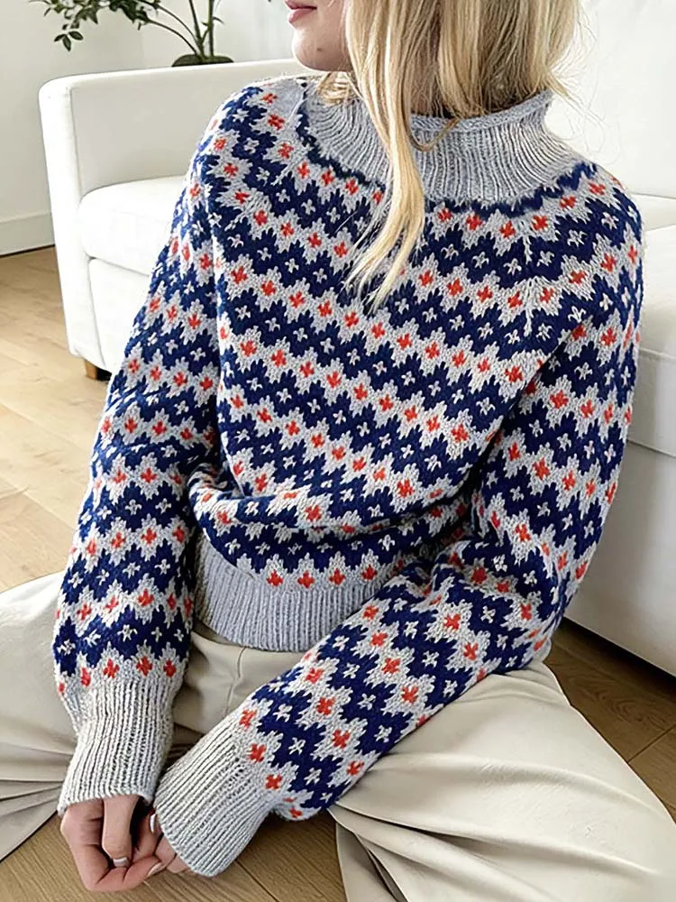 

Women's autumn and winter round neck color contrast Fried Dough Twists pullover wool, versatile fashion, casual and loose