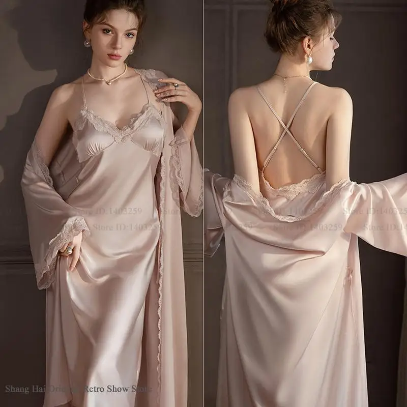 Female Long Robe Nightgown 2PCS Set Elegant Bride Wedding Dressing Kimono Bathrobe Spring New Sleepwear Home Wear Loungewear