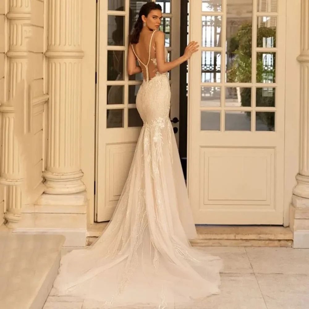 Vestido de novia de sirena con escote en V profundo de lujo para mujer, Apliques de encaje, sin mangas, Sexy, sin espalda, tren de amor