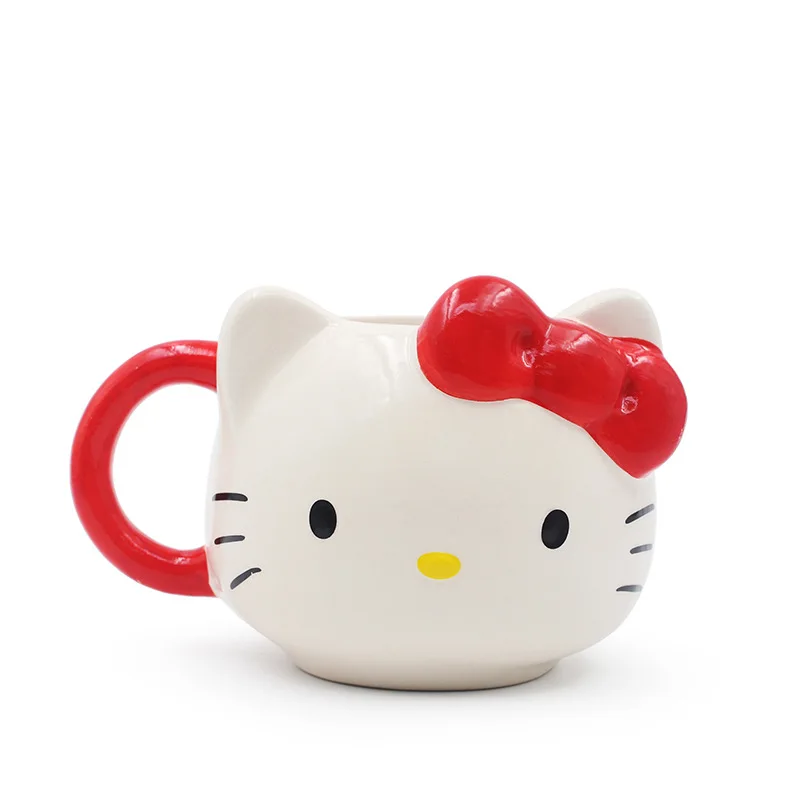 MINISO Disney Hello Kitty Cute Cat Mug Cartoon Bow Milk Cup Ceramic Mug Sanrio Relief Handle Cup Couple Water Cup