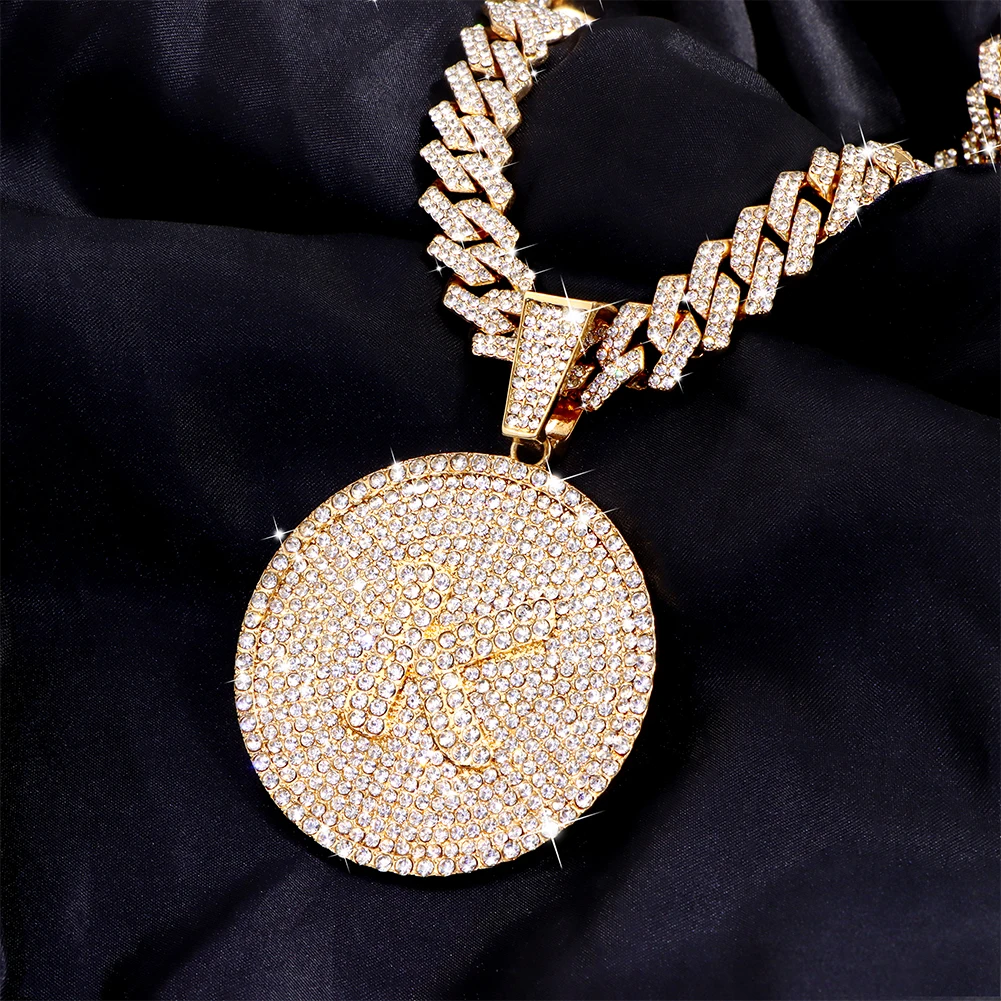 Iced Out Round Initial Pendant Necklace 14MM Rhombus Cuban Link Chain 26 Letters Chain Necklaces Women Men Hiphop Jewelry