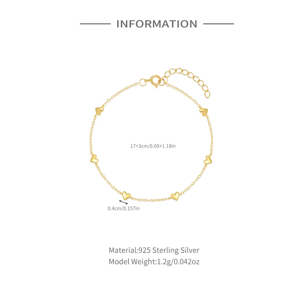 CANNER New S925 Sterling Silver Mini Gold Love Heart Charm Bransoletka Łańcuch Dla Kobiet Luksusowa Biżuteria Prezenty Pulsera Bangles браслет — zdjęcie 4