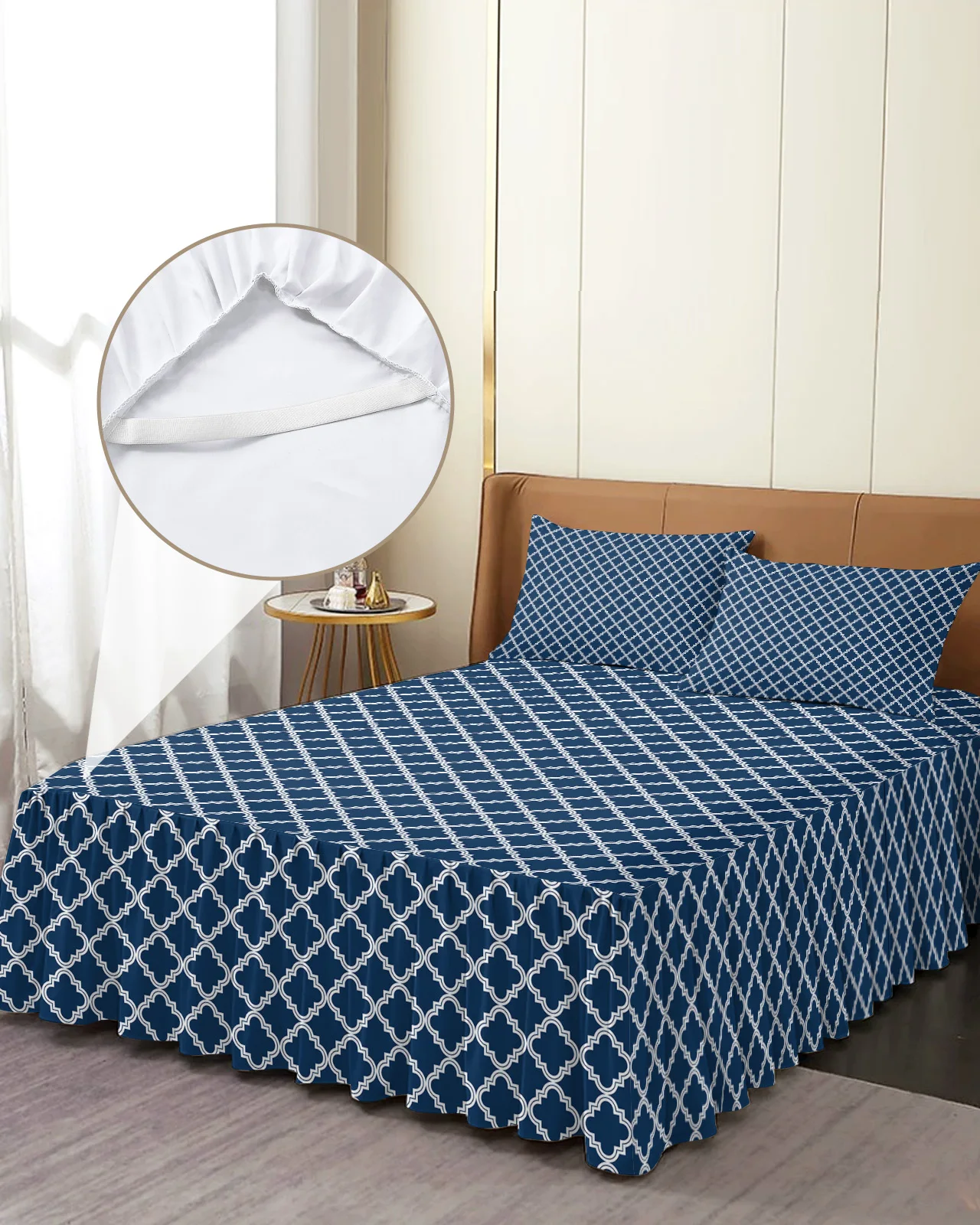 Geometric Navy Blue Morocco Bed Skirt Elastic Fitted Bedspread With Pillowcases Mattress Cover Bedding Set Bed Sheet