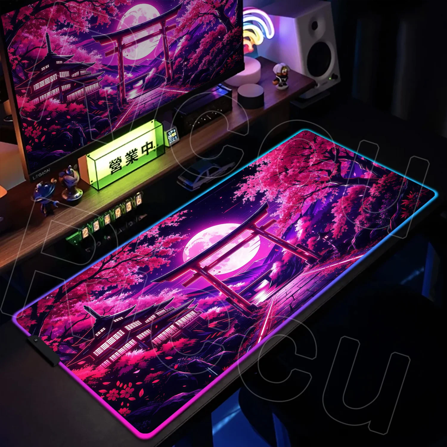 

Игровой коврик для мыши RGB с LED-подсветкой, светящийся коврик для клавиатуры ноутбука, противоскользящий, с изображением красной луны и сакуры, HD-аниме, аксессуары для настольного компьютера