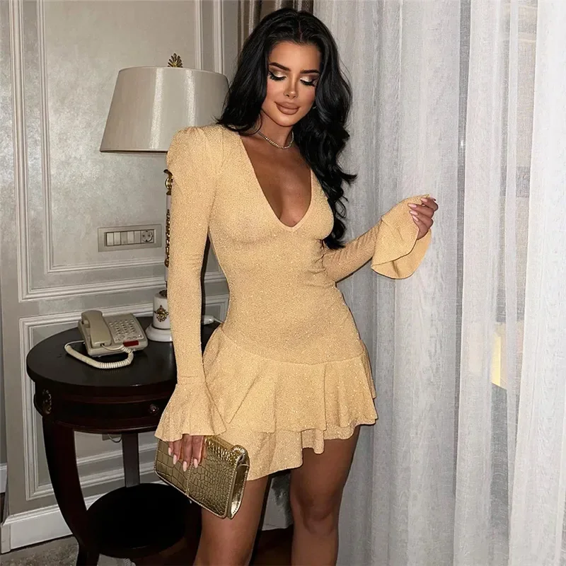 

Glitter Short Party Dresses For Women 2024 V-Neck Long Sleeve Ruffle Mini Dress Autumn Winter Hot Night Club Dress