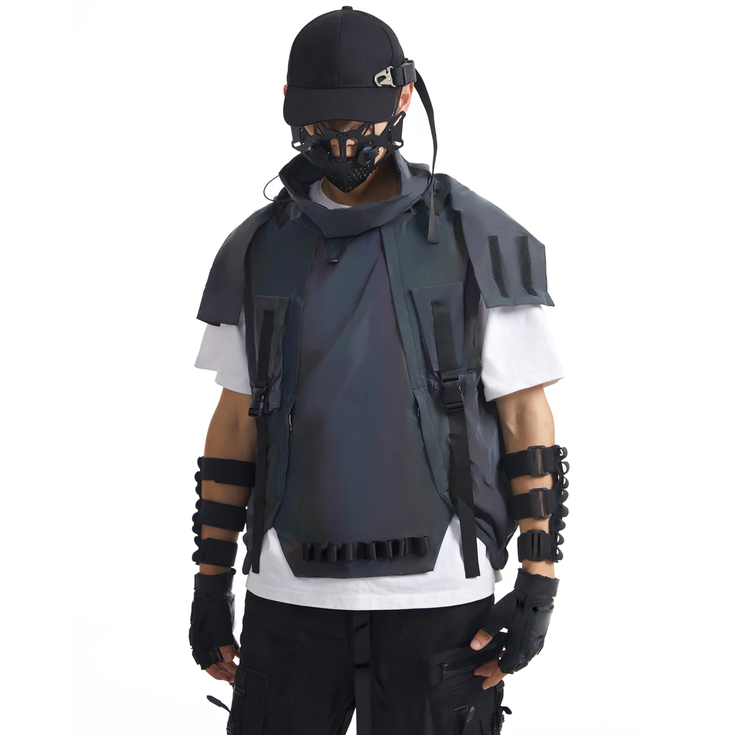 Colorful Reflective Fall/Winter Tactical Hooded Vest Multi-functional Technical Flying Sleeveless Jacket Punk Pullover Waistcoat