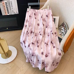 150Kg Plus Size Women's Hip 160 Spring Autumn High Waisted Floral A-Line Skirt Skirt Pink 5XL 6XL 7XL 8XL 9XL