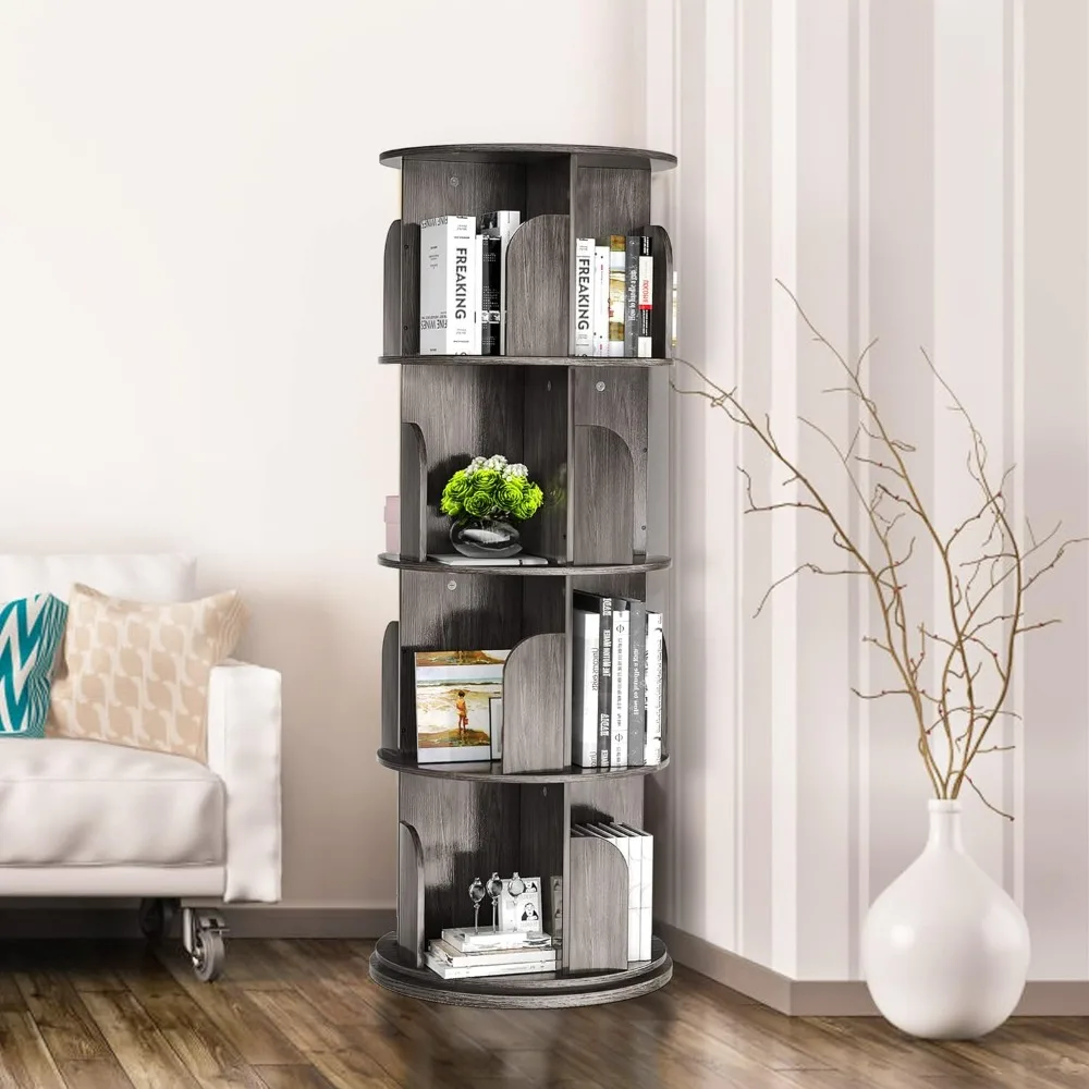 Rotating Bookshelf,Rotating Bookshelf Tower for Small Space,360Display 4Tier Floor Standing Storage Rack,Wood Narrow Book Shelf