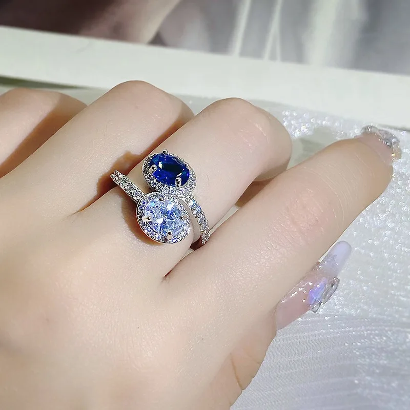 Oval Two-color stitching White sapphire rings for women drop ring luxury noble S925 sterling silver opening adjustable