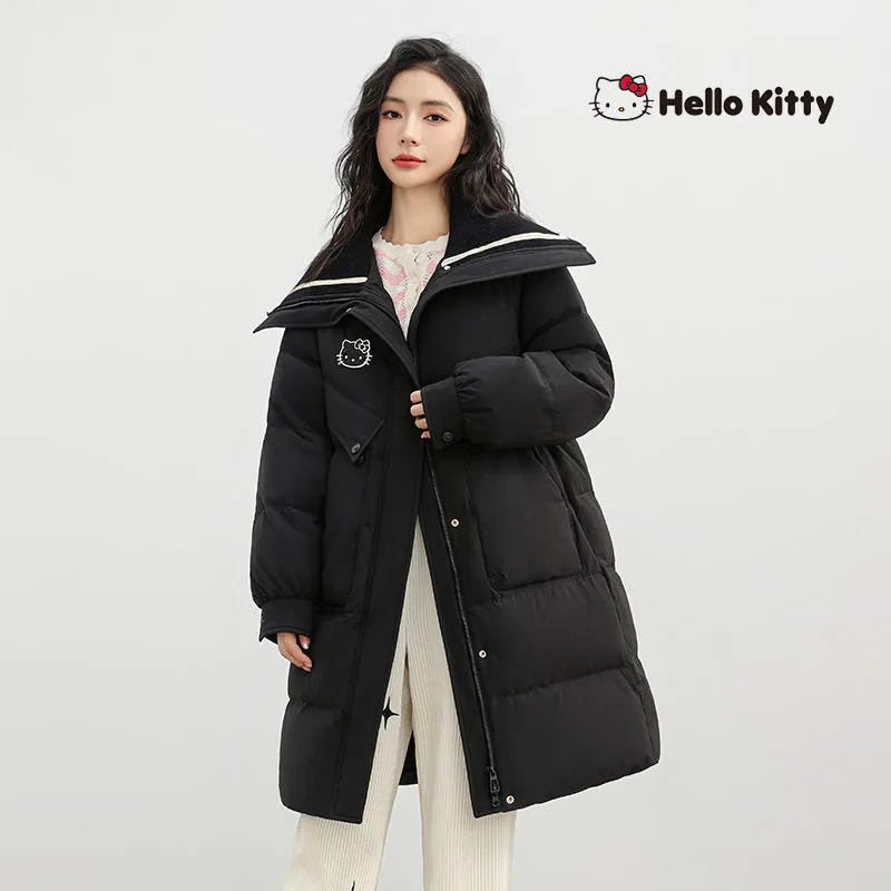 Kurtka puchowa Hello Kitty z białego puchu kaczego, damska, zimowa, gruba, ciepła, długa, płaszcz typu puffer, modna parka damska, słodki płaszcz wierzchni, prezent.