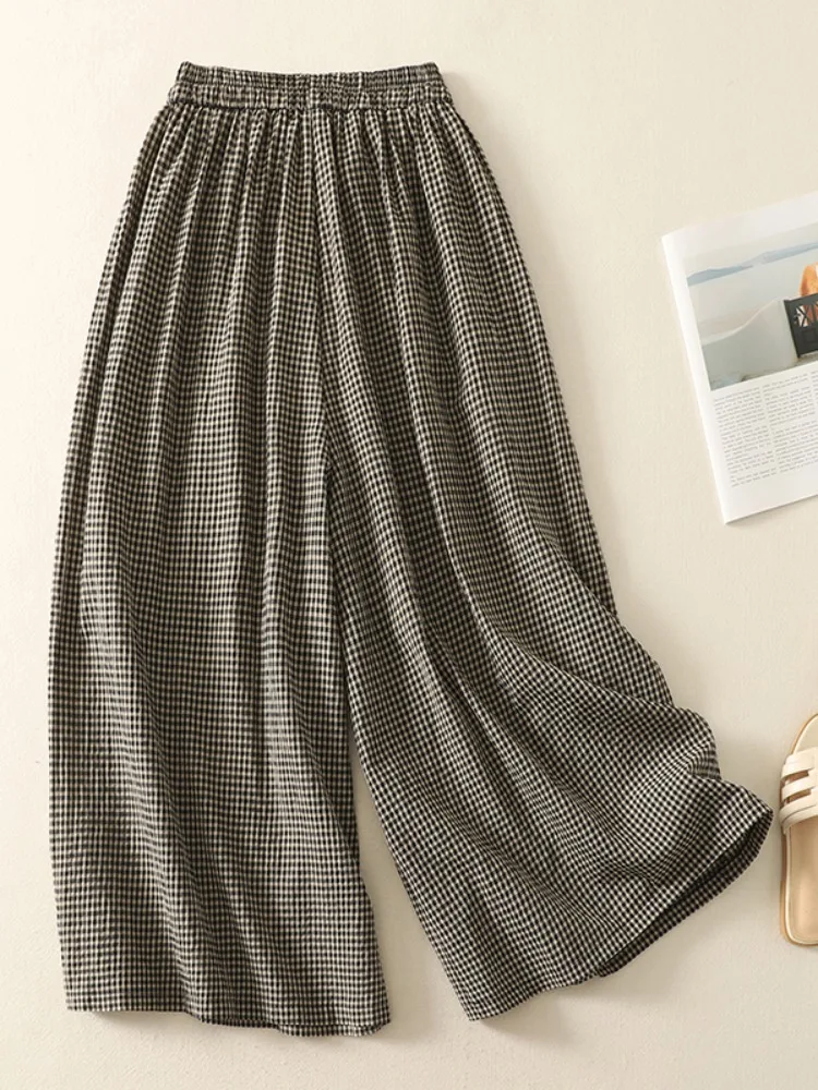 الكورية Sle كبيرة الحجم المرأة الصيف عادية منقوشة بنطال ذو قصة أرجل واسعة ثنيات تسع نقاط القطن الكتان اليابانية مستقيم أنبوب السراويل