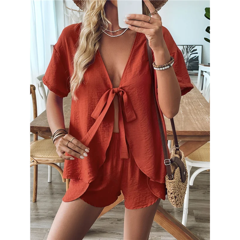 

ABRT-Women's 2 Piece Shorts Set V Neck Short Sleeve Tie Slit Shirt And Shorts Lounge Set Two Piece Outfits