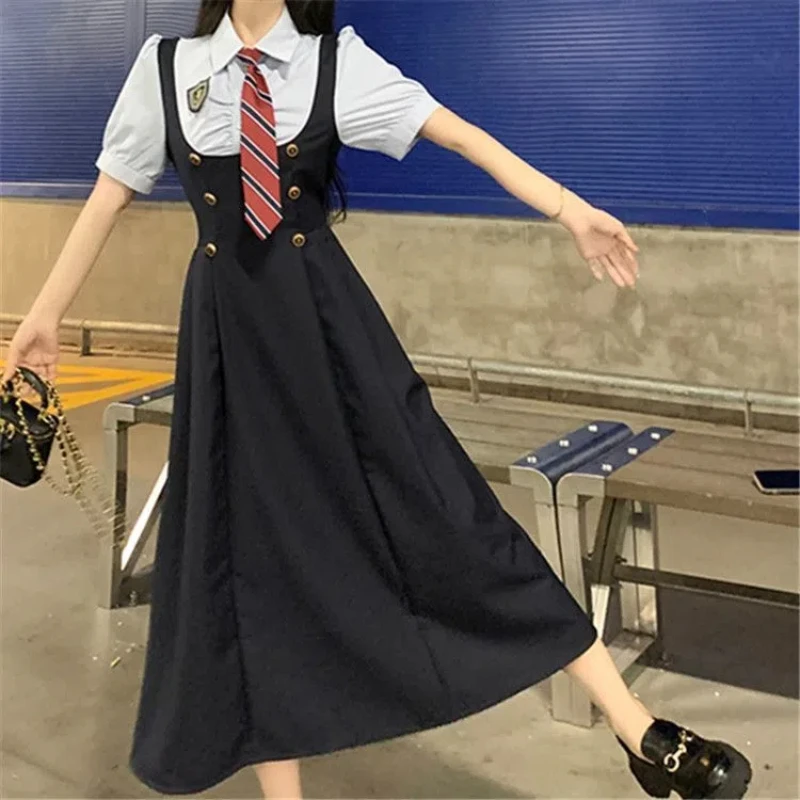 Japan JK Preppy Style Two Piece Dresses Set Fashion Summer New Women Badge Button Short Sleeve Shirt Skinny Strap Dress Suit