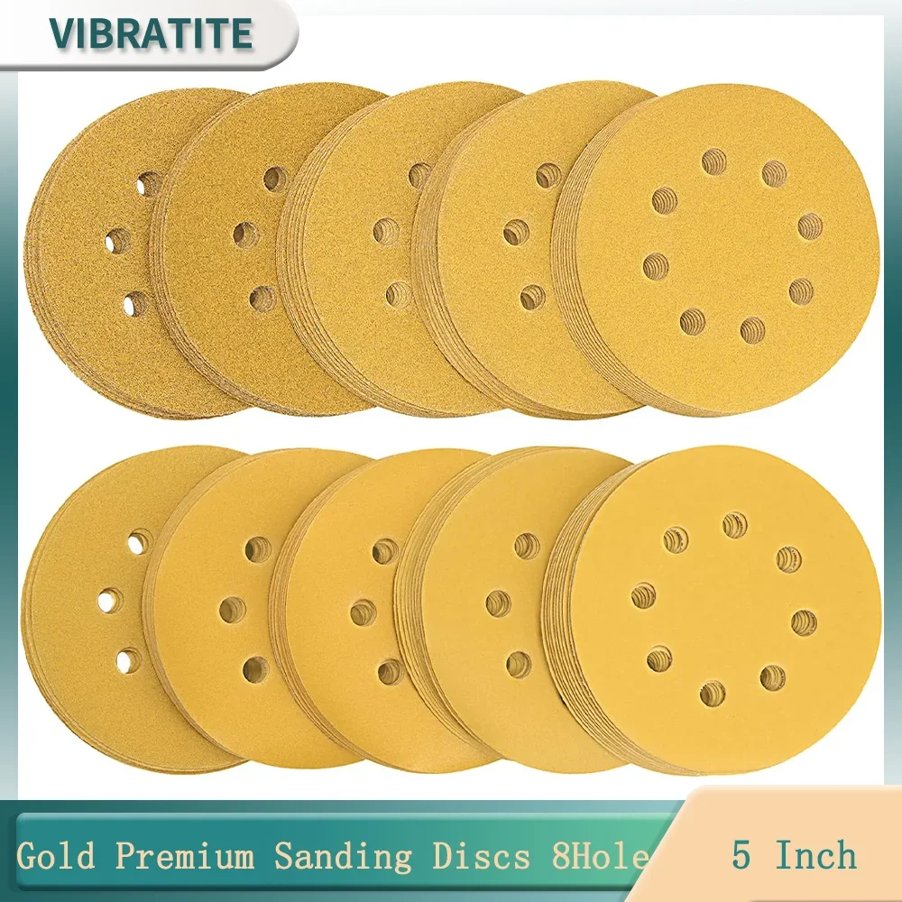5 Inch 8 Holes Gold Premium Sanding Discs Kit 10/50/100Pcs Hook & Loop Aluminum Oxide for Woodworking Wood or Automotive