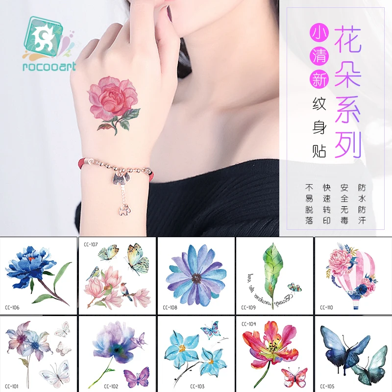 Colorful Flowers Butterfly Tattoo Stickers Lotus Water Lily Cherry Blossoms Peony Body Art Temporary Fake  Tattoo For Women