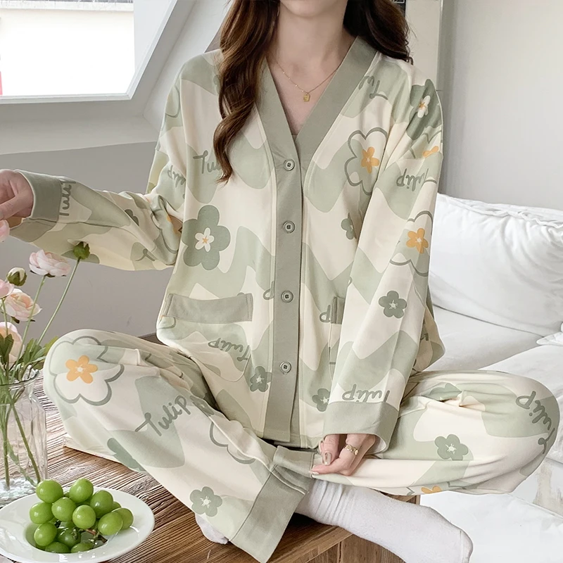 Green Flower Women Pajama Set Autumn Winter Long Sleeves Long Pants Cute Sleepwear Kawaii Pyjamas Soft Pijamas Cozy Pjs Comfy Pj