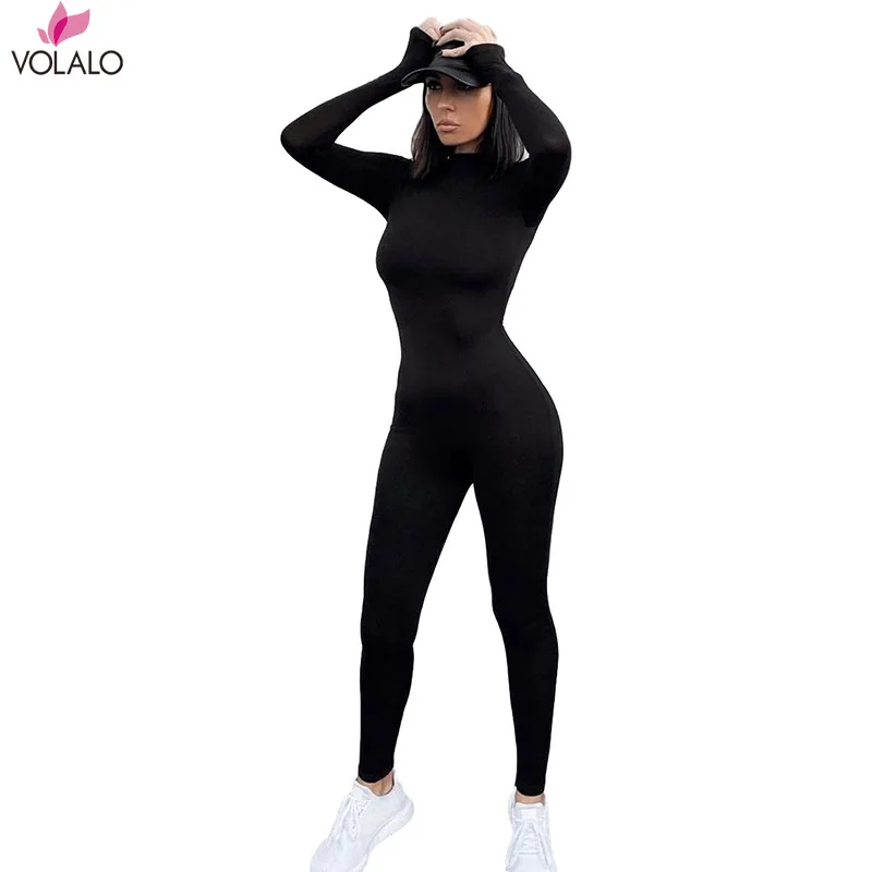 VOLALO Solid Black/gray Long Sleeve Skiing Jumpsuit Women Elastic Hight Outfit Fashion Fitness Sportwear Slim Rompers Streetwear