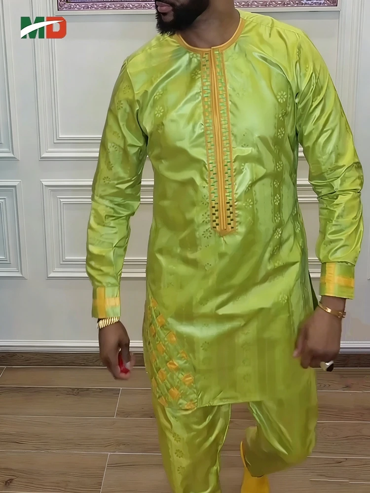 

MD African Clothing For Man Traditional Agbada Sets 2PCS Green Bazin Riche Shirt Pant Embroidered Wedding Party Suits Plus Size