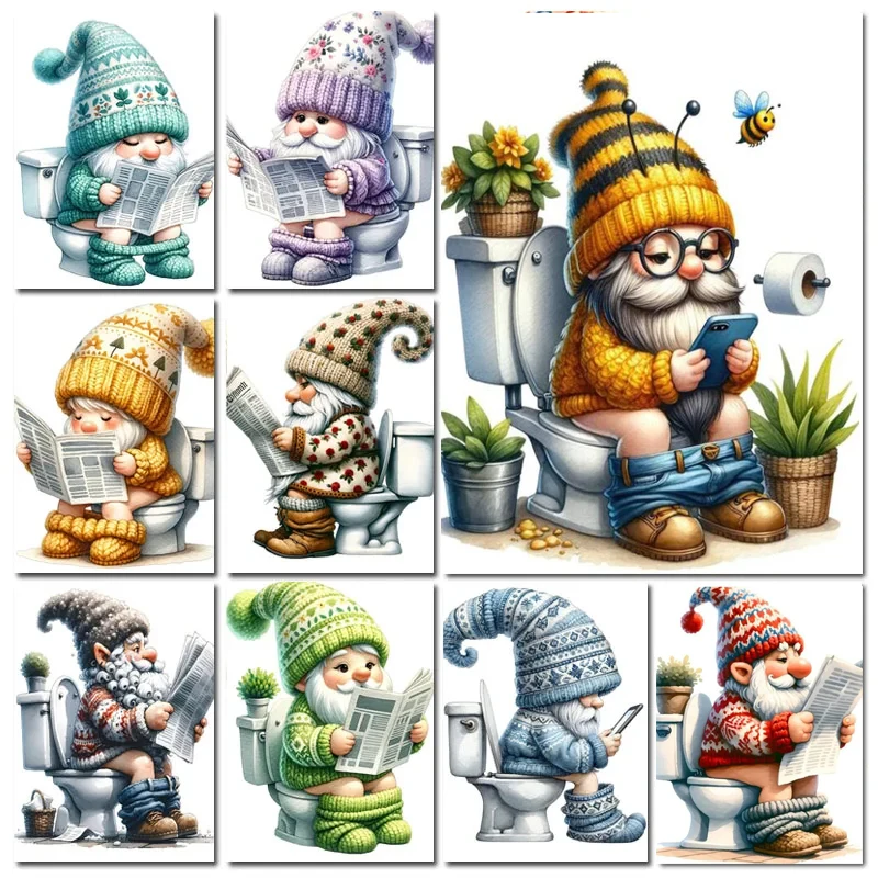 5D DIY Diamond Painting New 2024 Diamond Embroidery Gnome On The Toilet Newspaper Mosaic Jewelry Cross Stitch Home Decoration