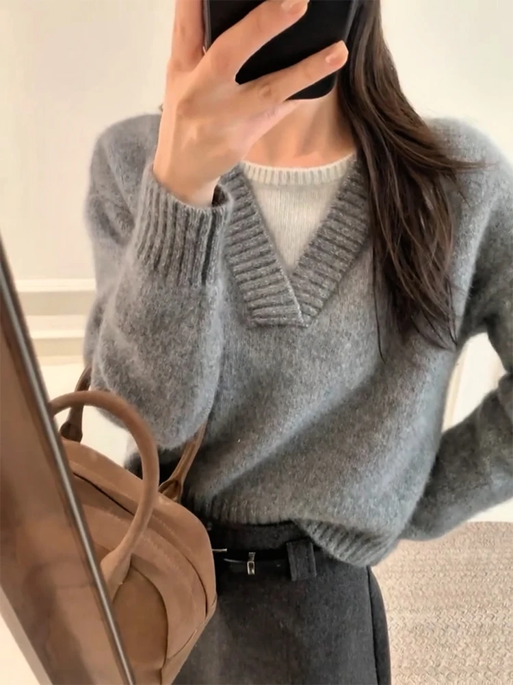 

Корейский вязаный свитер с V-образным вырезом, имитация двухслойности, осень-зима, большие размеры, универсальный, стройнящий, из высококачественной шерстяной смеси