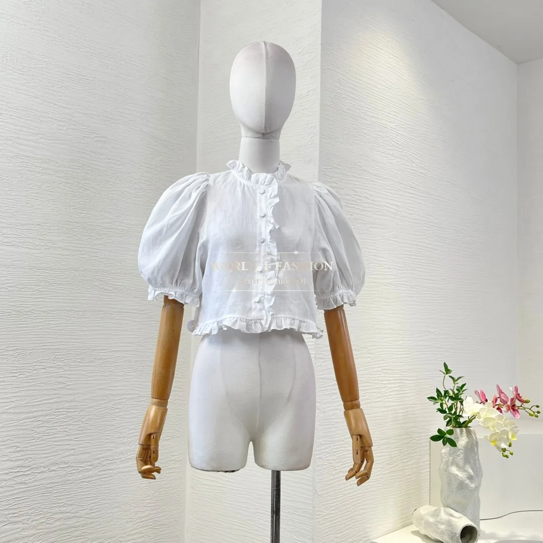 2025 White Short Sleeve Ruffles Short Blouse Tops Sets
