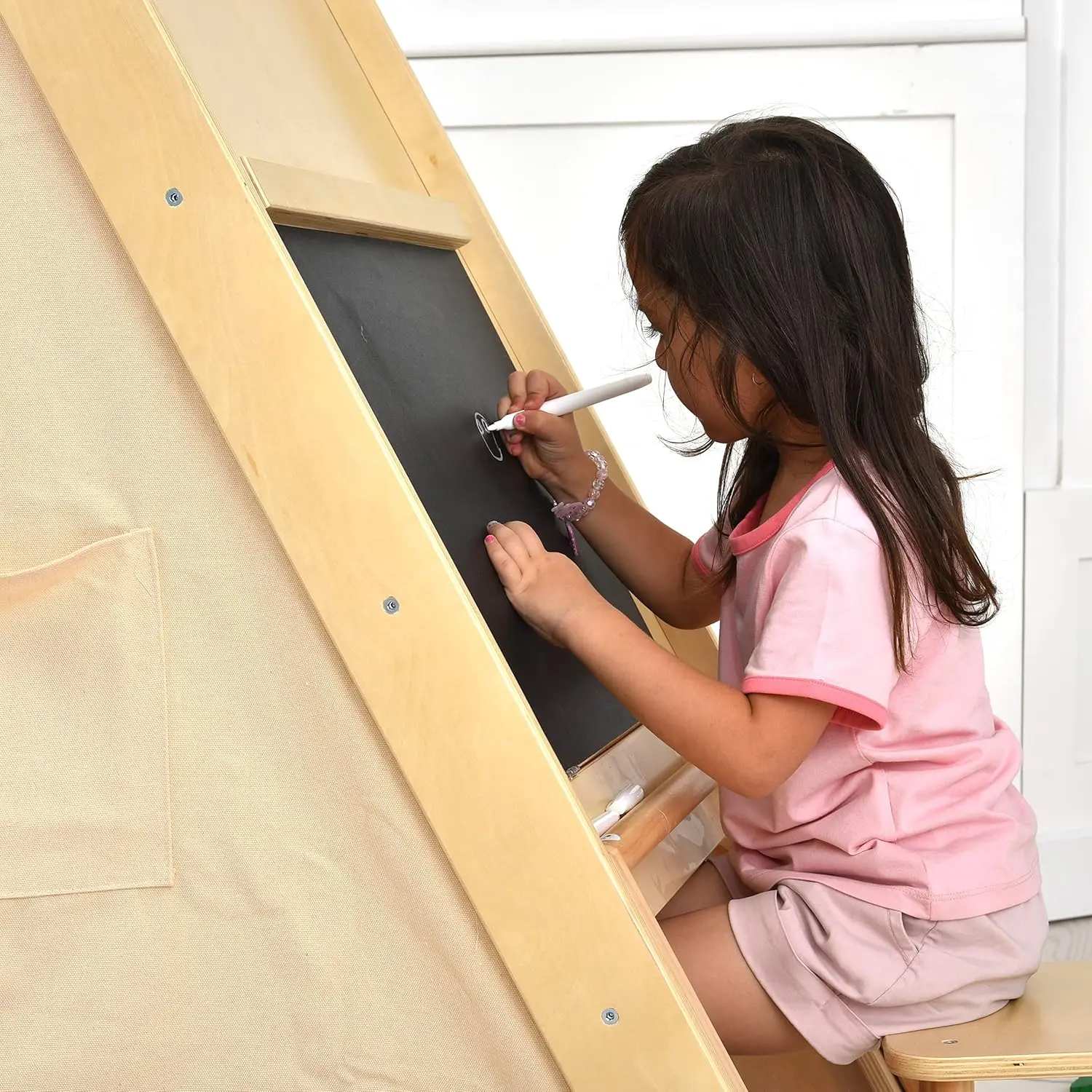 Oak Foldable Triangle Climber 5 in 1 Kids Playhouse Hideaway Montessori Learning Play Tent, Desk, Chair Stool, Art Easel, Chalkb
