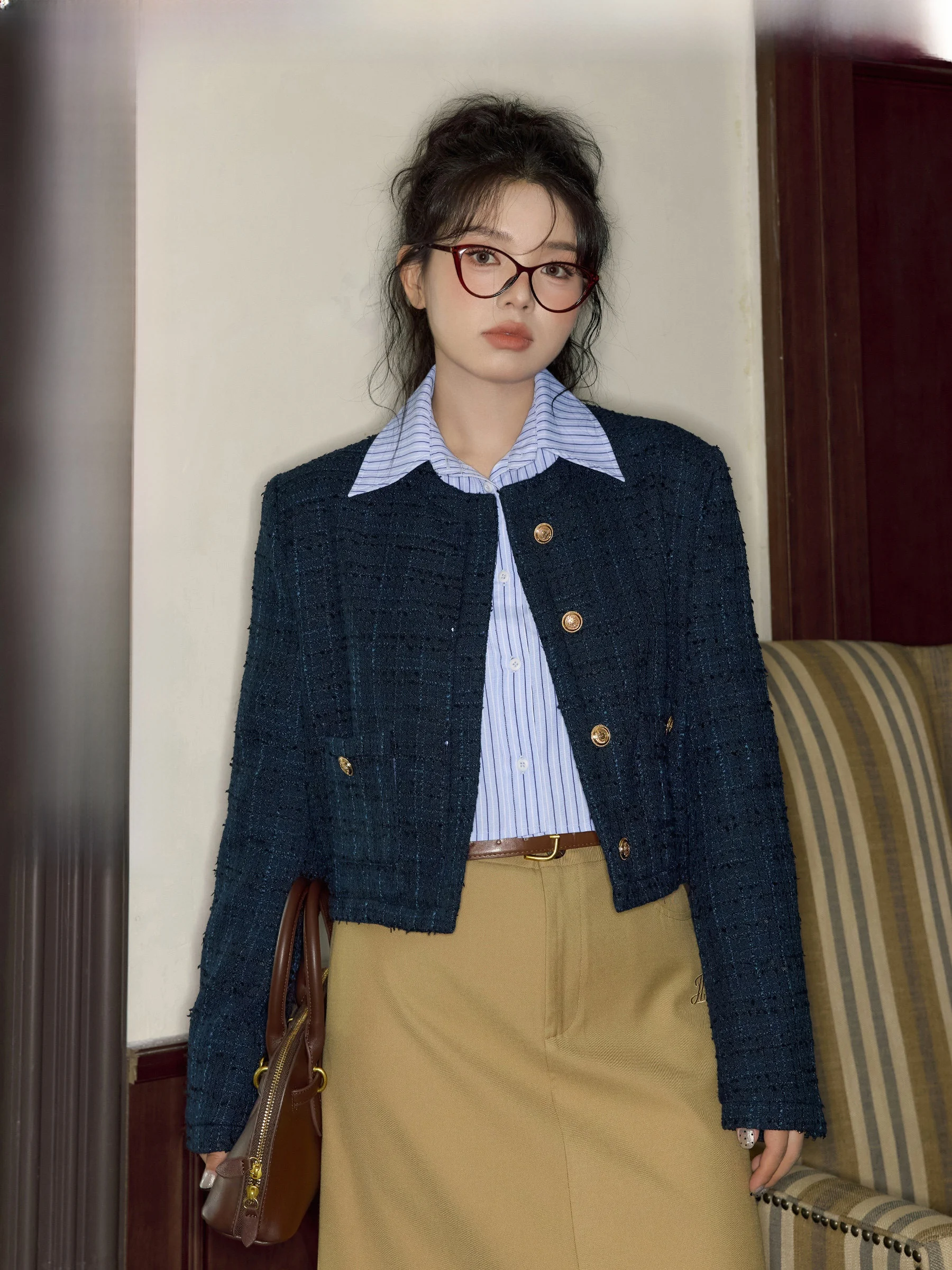 

Jixiu Workop 'Lixio Theatre' Korean Sle Micro Fat MM Gold Bule Little Fraance Wind Jaet High ade Large Size Coat