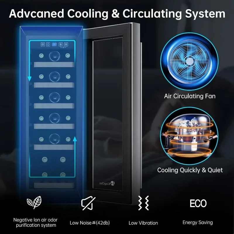 KingChii 12-Zoll-Weinkühler für 19-Flaschen, professioneller Kühlschrank, Edelstahl und gehärtetes Glas für Rotwein