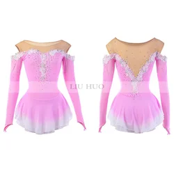 LIUHUO Women's Girls' Figure Ice Skating Dress Costume Leotard Pink Flower Halo Dyeing Spandex Mesh High Elasticity Competition