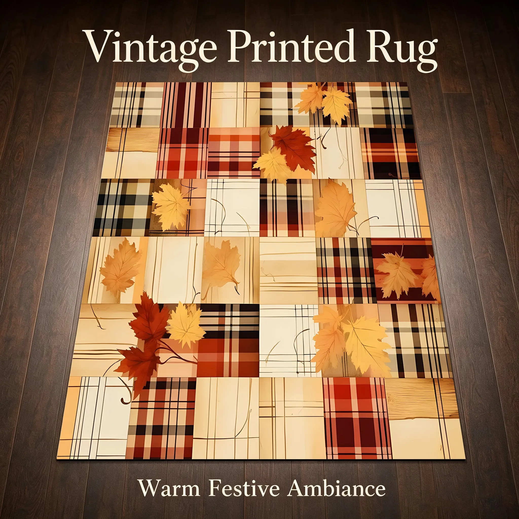 Checkered Maple Leaf American Retro Thanksgiving Velvet Rug for Living Room, Bedroom, and Bedside, Creating a Warm and Cozy Autumn/Winter Atmosphere
