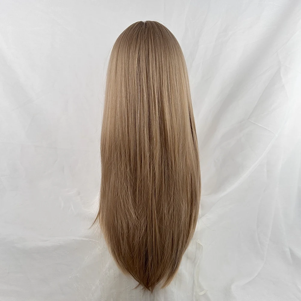Long Straight Beige Grey Brown Synthetic Wigs with Bangs Lolita Cosplay Fluffy Women Wig Heat Resistant for Daily Party