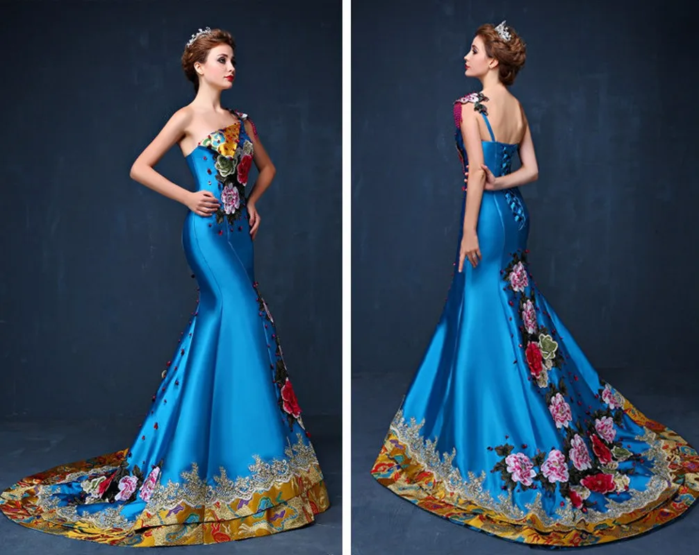 สีแดง/Royal Blue ยาว Mermaid Evening Dresses 2025 Strapless ดอกไม้เย็บปักถักร้อยลูกไม้ซาอุดีอาระเบียพรหมคนดังชุด